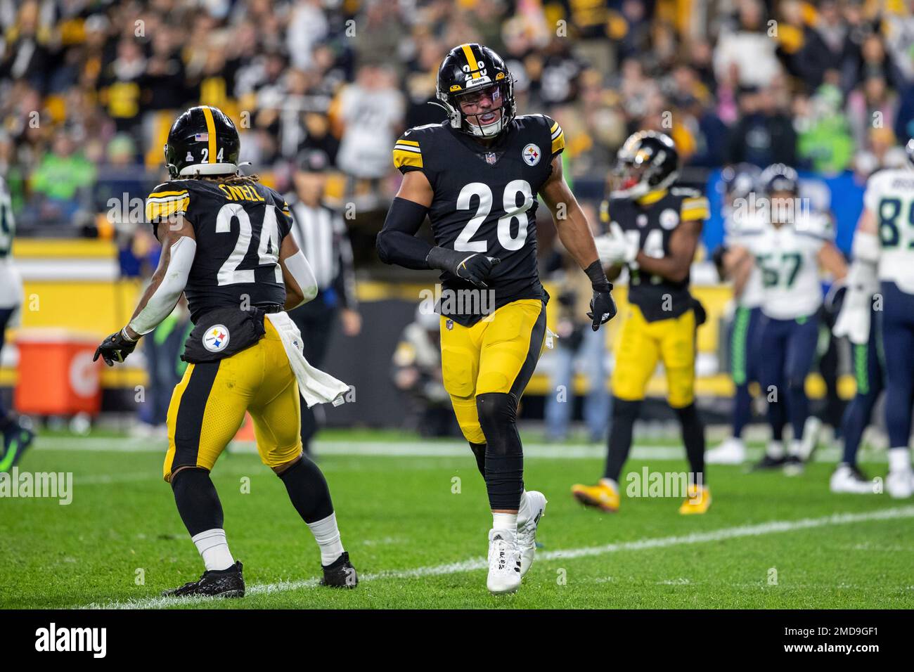 Pittsburgh Steelers safety Miles Killebrew (28) runs for the play during a  NFL football game against the Cincinnati Bengals, Sunday, Sept. 11, 2022,  in Cincinnati. (AP Photo/Emilee Chinn Stock Photo - Alamy