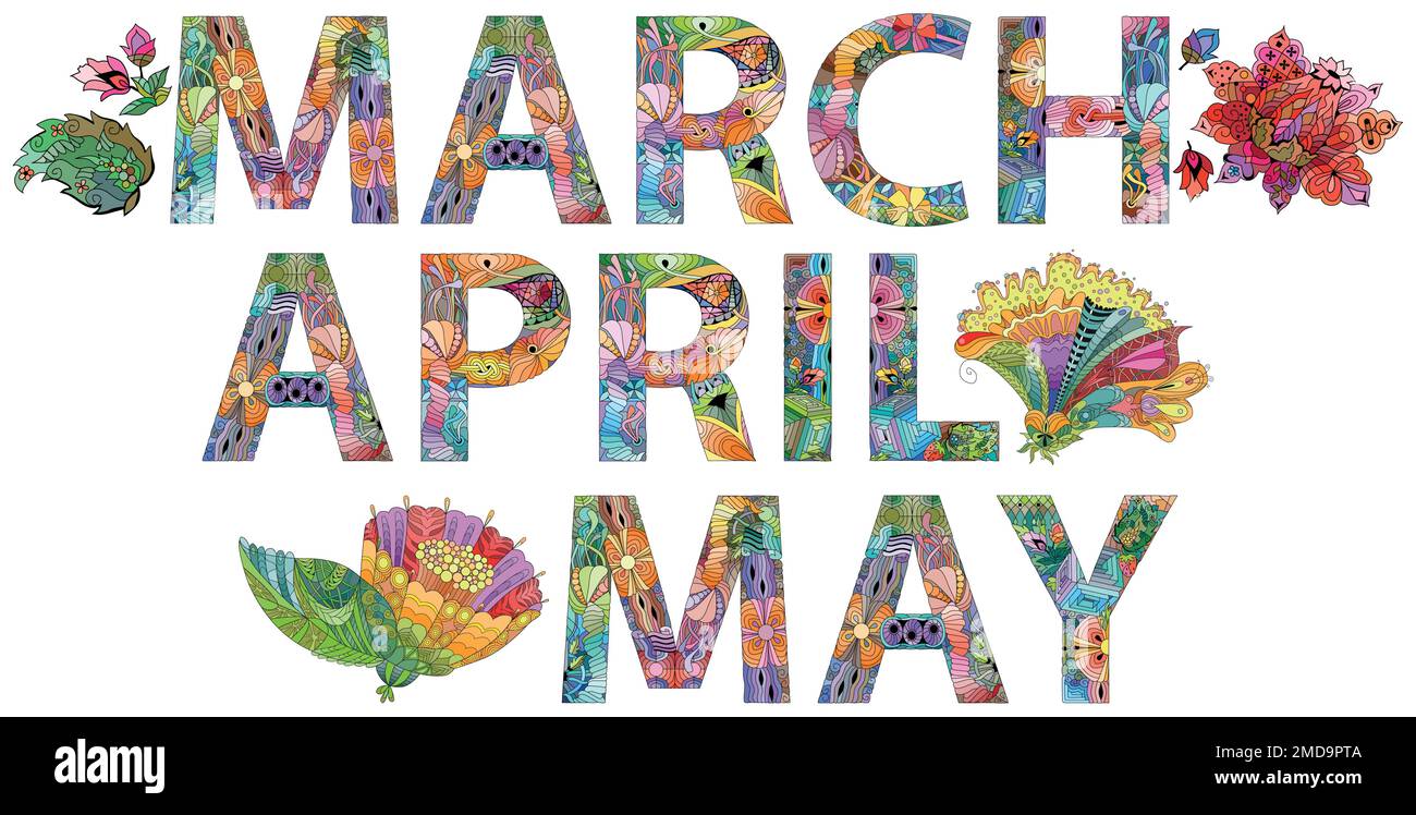 Hand-painted art design. Hand drawn illustration MARCH APRIL MAY for t ...
