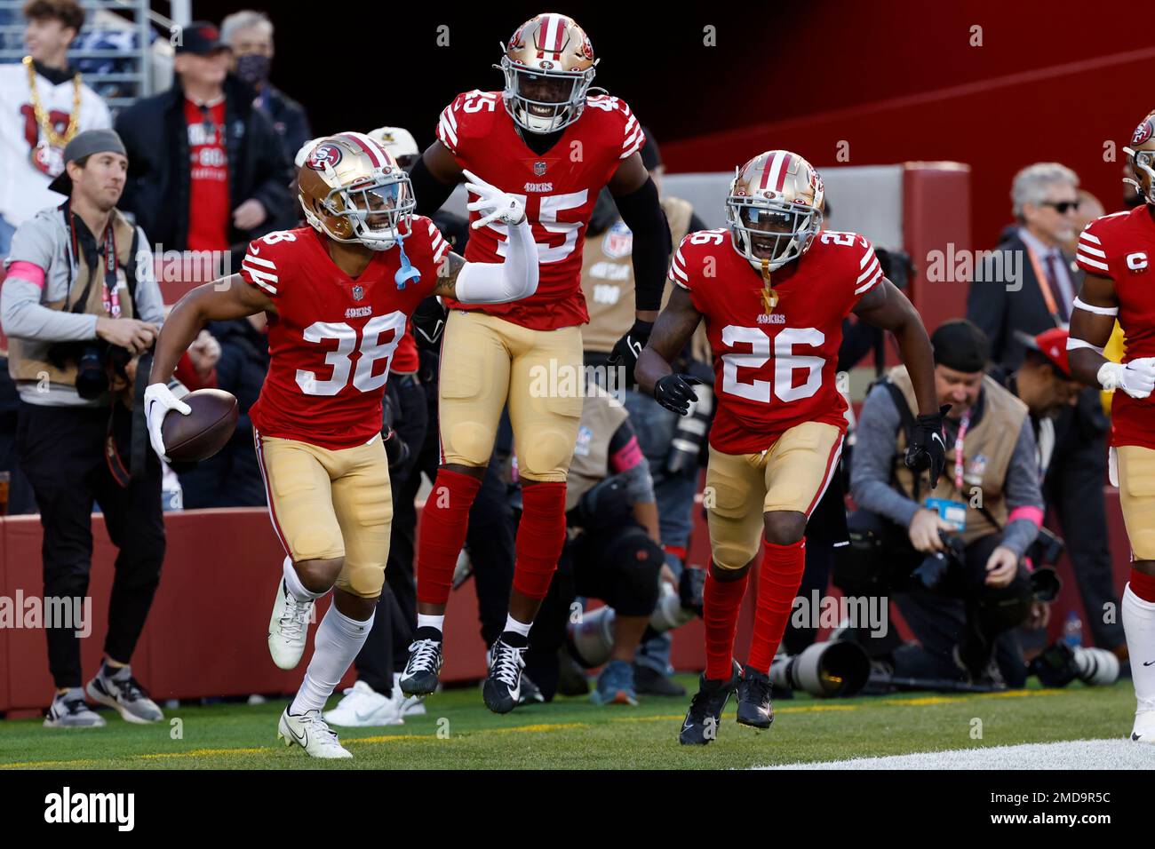 San Francisco 49ers cornerback Deommodore Lenoir (38) celebrates after  intercepting a pass against the Dallas Cowboys during the first half of an  NFL divisional round playoff football game in Santa Clara, Calif.,