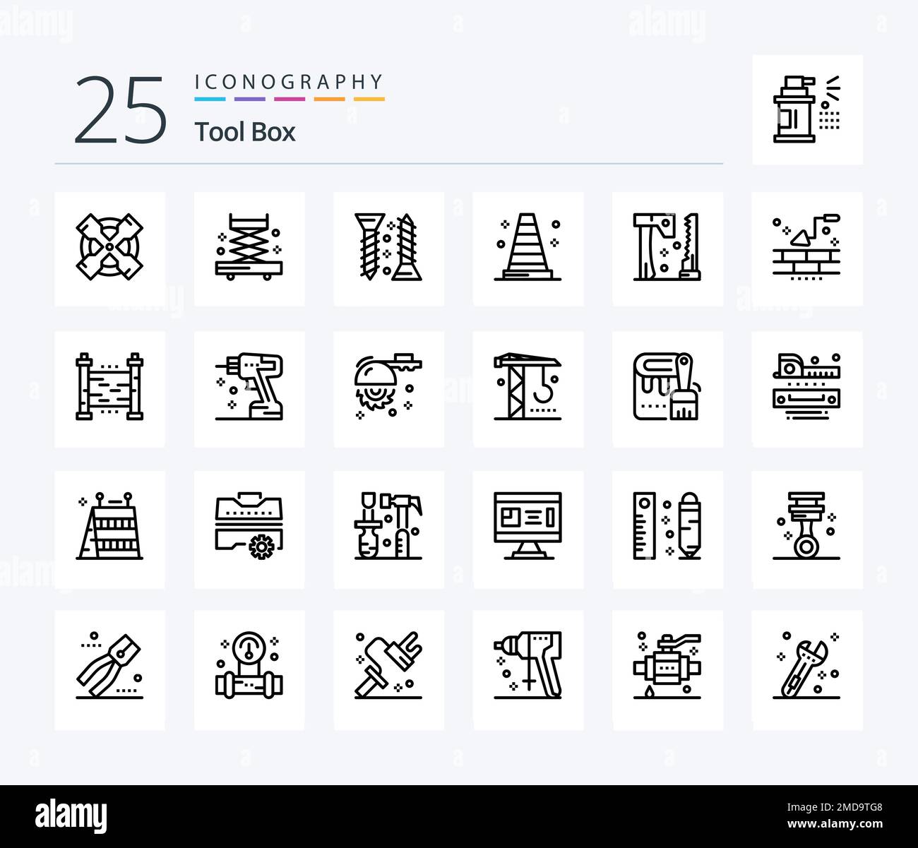 Tools 25 Line icon pack including brick. saw. self fastening. construction. vlc Stock Vector