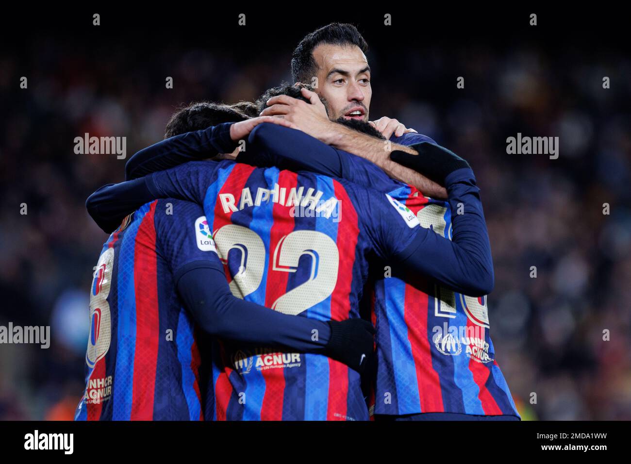 Barcelona, Spain. 22th Jan, 2023. Barcelona players celebrate a goal during the LaLiga match between FC Barcelona and Getafe CF at the Spotify Camp Nou Stadium in Barcelona, Spain. Credit: Christian Bertrand/Alamy Live News Stock Photo