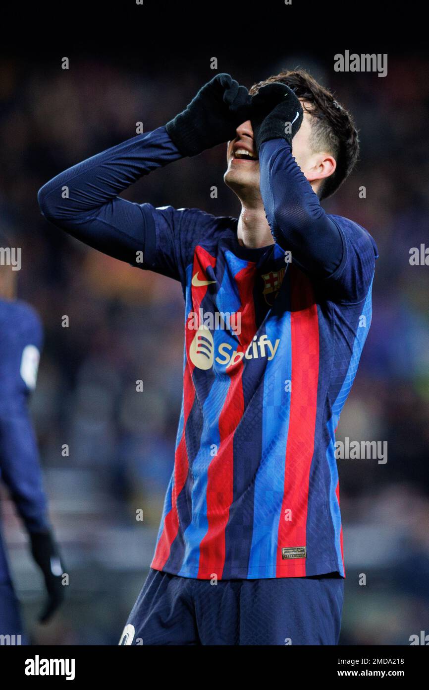 Barcelona, Spain. 22th Jan, 2023. Pedri celebrates after scoring a goal during the LaLiga match between FC Barcelona and Getafe CF at the Spotify Camp Nou Stadium in Barcelona, Spain. Credit: Christian Bertrand/Alamy Live News Stock Photo