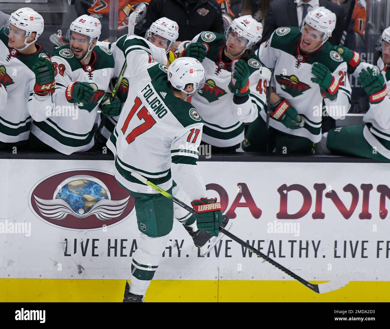 Minnesota Wild left wing Marcus Foligno (17) celebrates after scoring against the Anaheim Ducks in the final minute of an NHL hockey game Friday, Oct