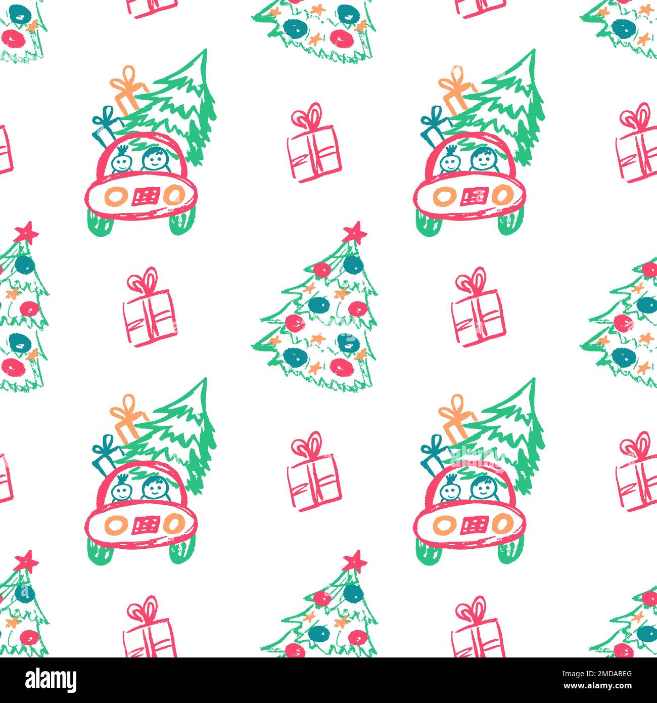 Christmas seamless pattern. Children’s drawings with wax crayons