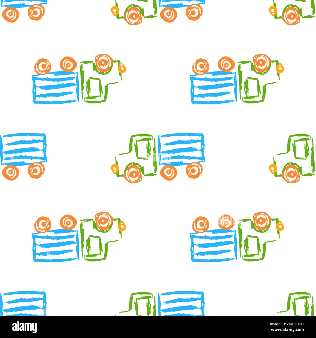 Cars seamless pattern. Truck. Children's drawings with wax crayons