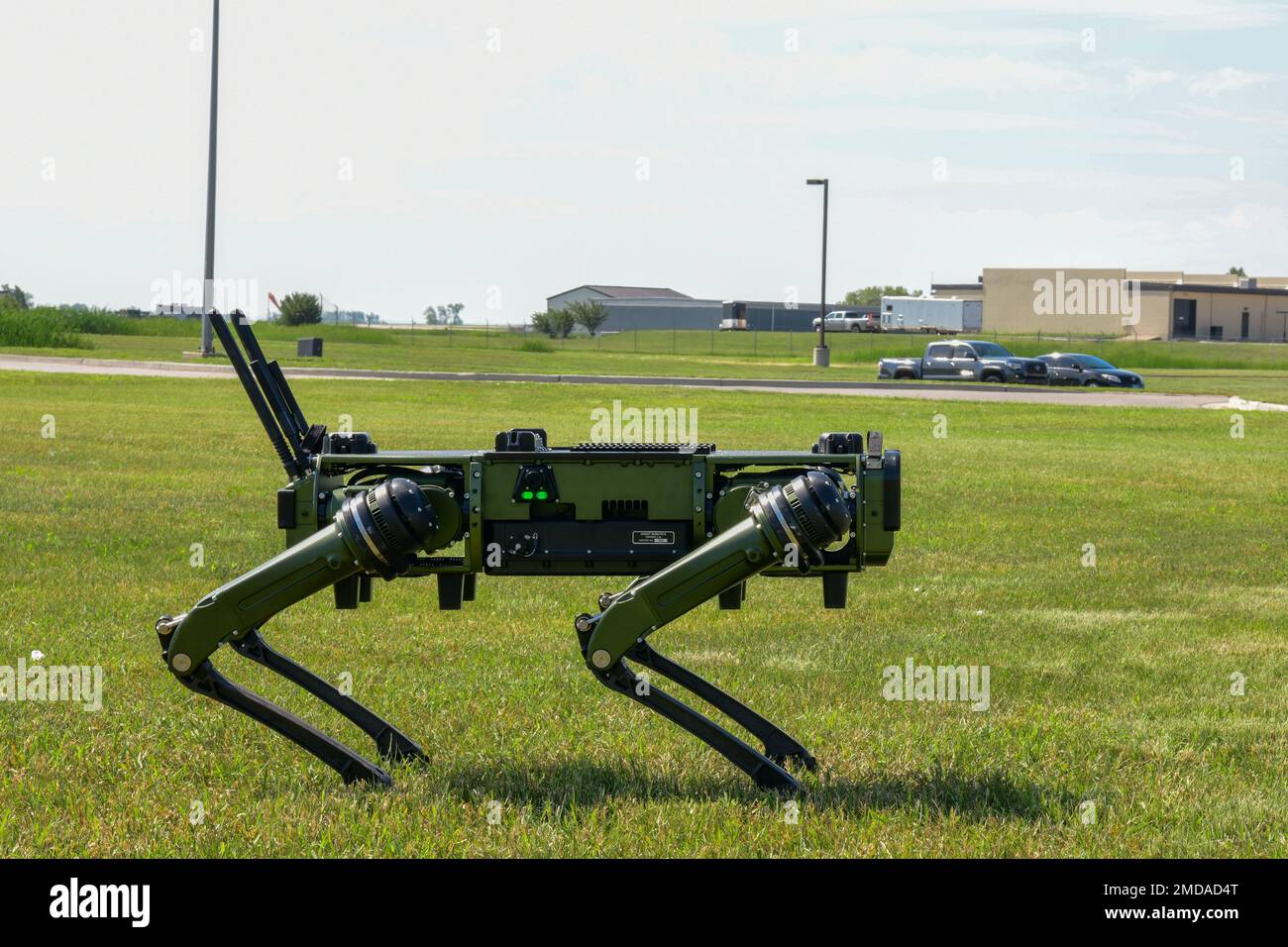 Members of the 5th Civil Engineer Squadron Chemical, Biological, Radiological and Nuclear team (CBRN) train on the new Vision 60 'Robot Dog' on Minot Air Force Base, North Dakota, June 14, 2022. The Robot Dog is a high endurance, agile and durable all-weather ground drone that will aid the 5 CES to respond to and recover from CBRN events. Stock Photo