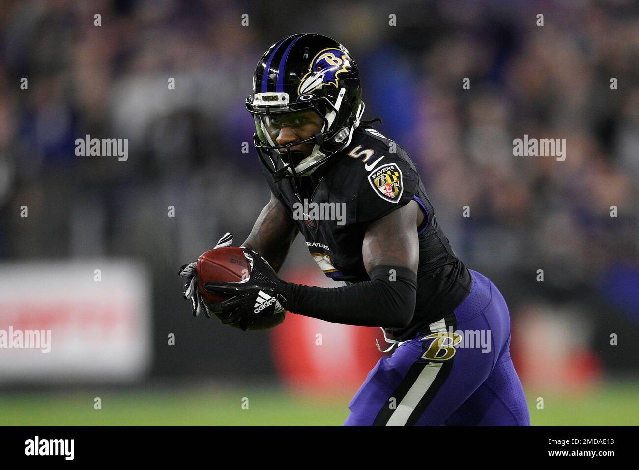 Baltimore Ravens wide receiver Marquise Brown (5) in action during the  second half of an NFL football game against the Indianapolis Colts, Monday,  Oct. 11, 2021, in Baltimore. (AP Photo/Nick Wass Stock