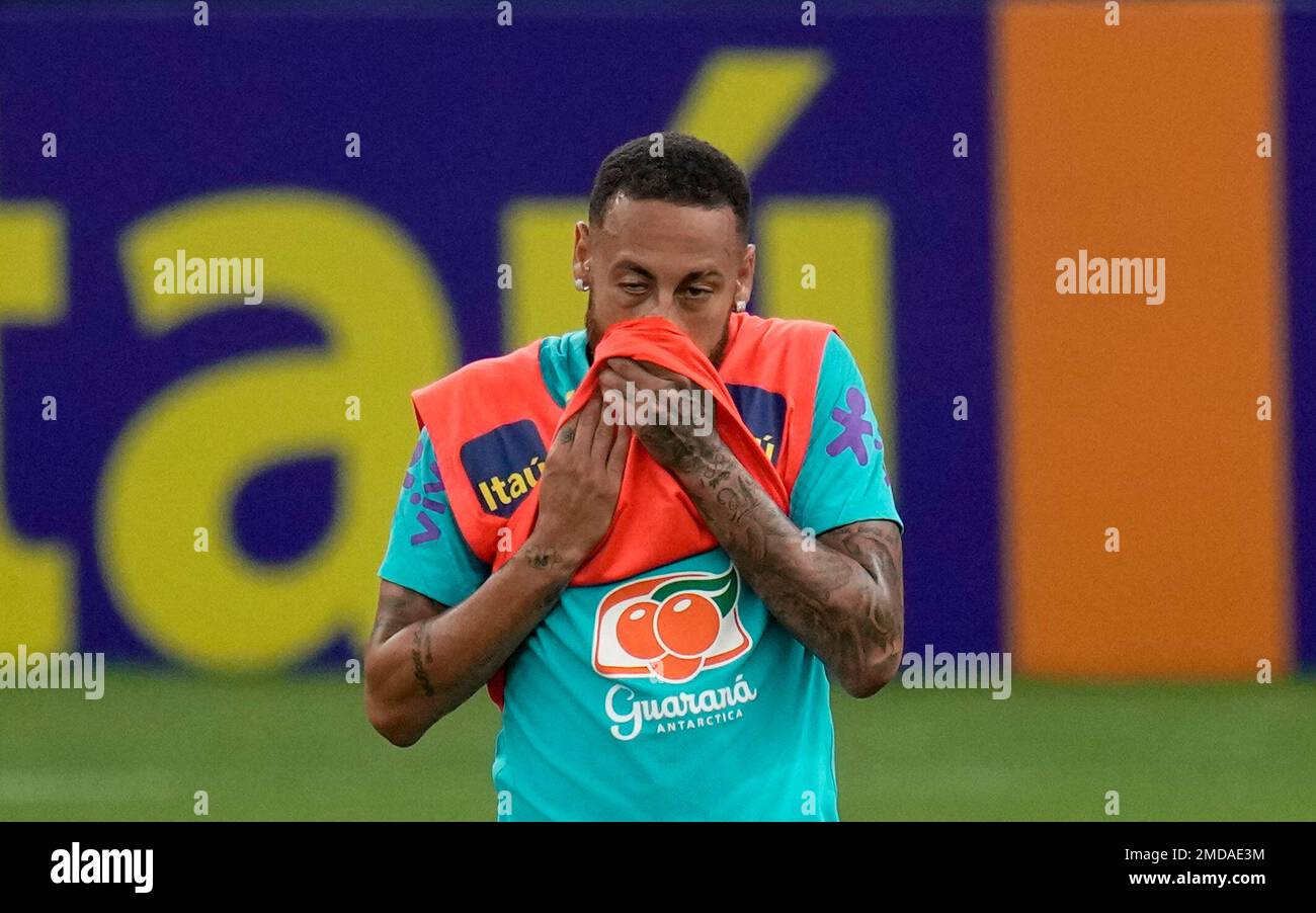 Brazil's Neymar wipes his face during a training session in Manaus, Brazil,  Wednesday, Oct. 13, 2021. Brazil will face Uruguay in a qualifying soccer  match for the FIFA World Cup Qatar 2022