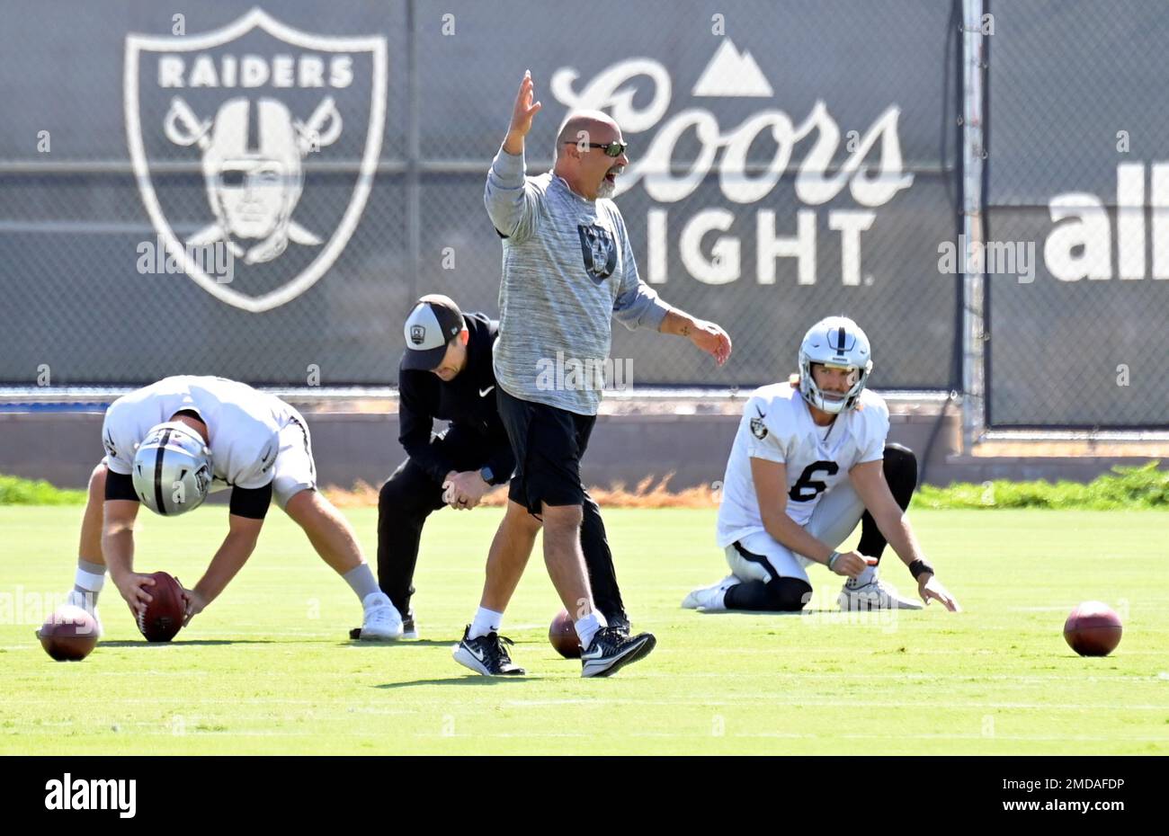 Las Vegas Raiders interim head coach Rich Bisaccia directs a special teams unit during an NFL Las Vegas Raiders interim head coach Rich Bisaccia directs a special teams unit during an NFL