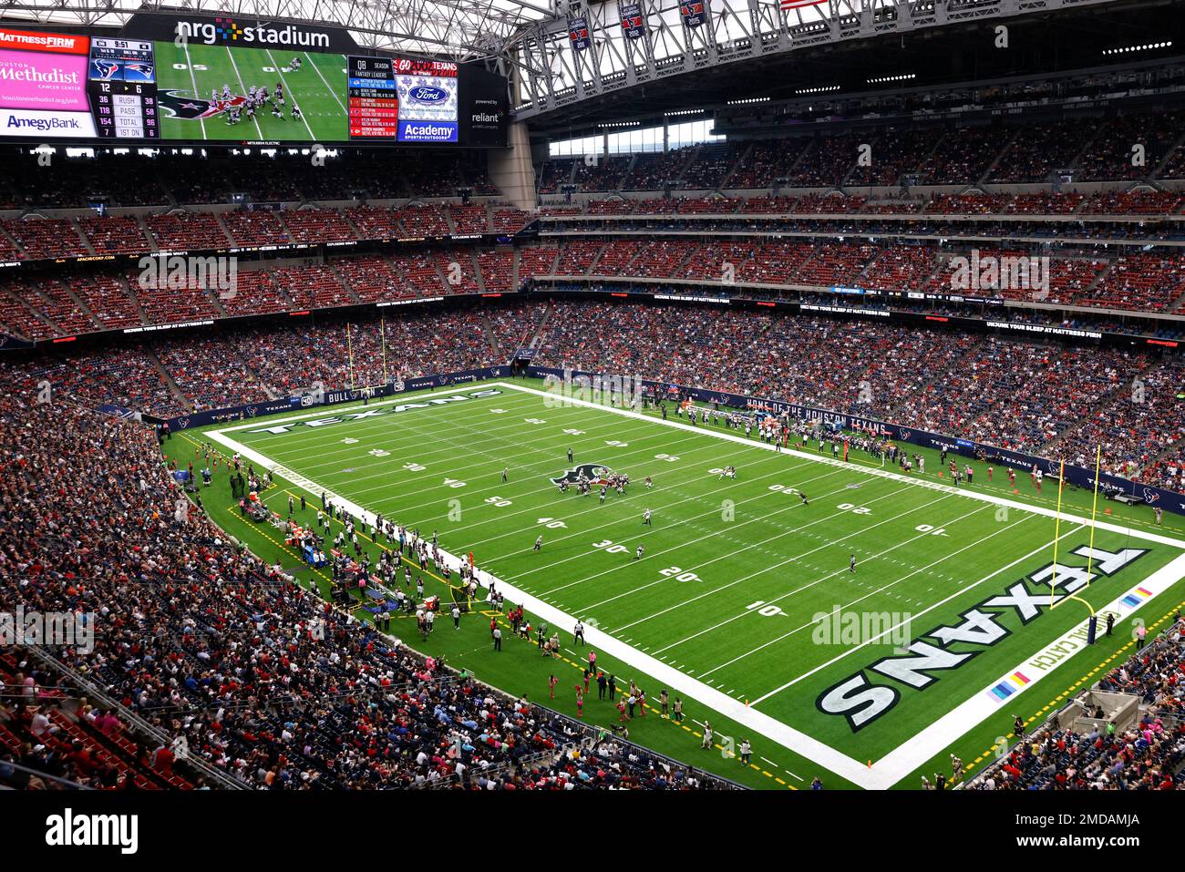 NFL action is seen in a general stadium view from an end zone in the upper  deck of NRG stadium during an NFL football game between the New England  Patriots and the