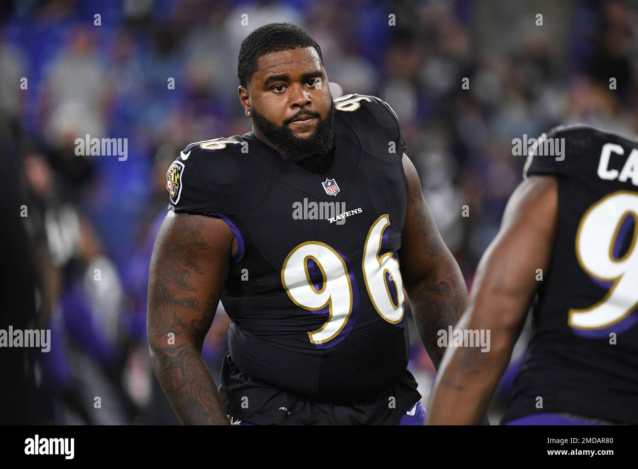 Baltimore Ravens defensive tackle Broderick Washington (96) warms