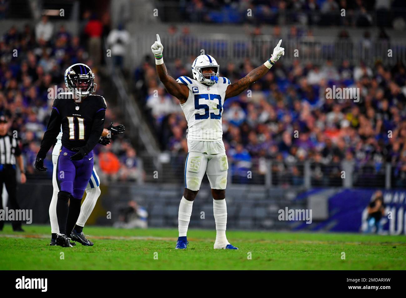 Indianapolis Colts outside linebacker Darius Leonard (53) celebrates a play  during an NFL football game between