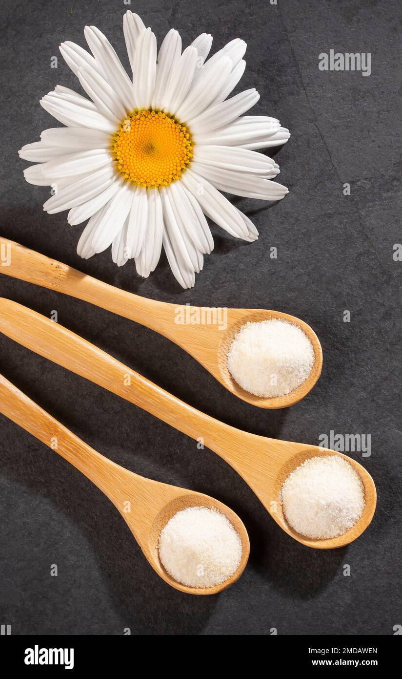 Collagen and hydrolyzed gelatin powder Collagen peptides Stock Photo