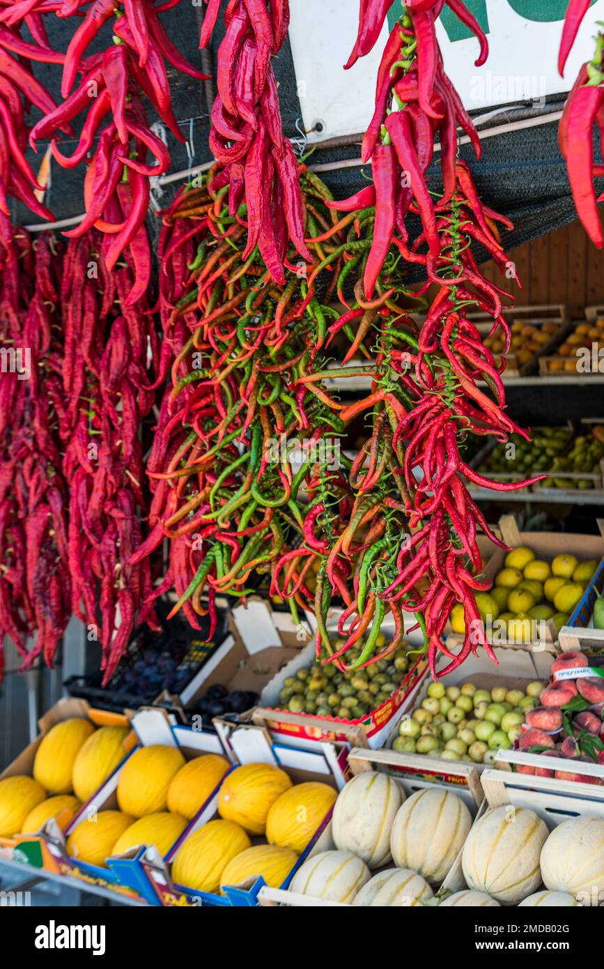 Paestum, Capaccio, Salerno, Italy - August 1, 2018: Garlands of Crusco Peppers hung for drying in front of shop Stock Photo