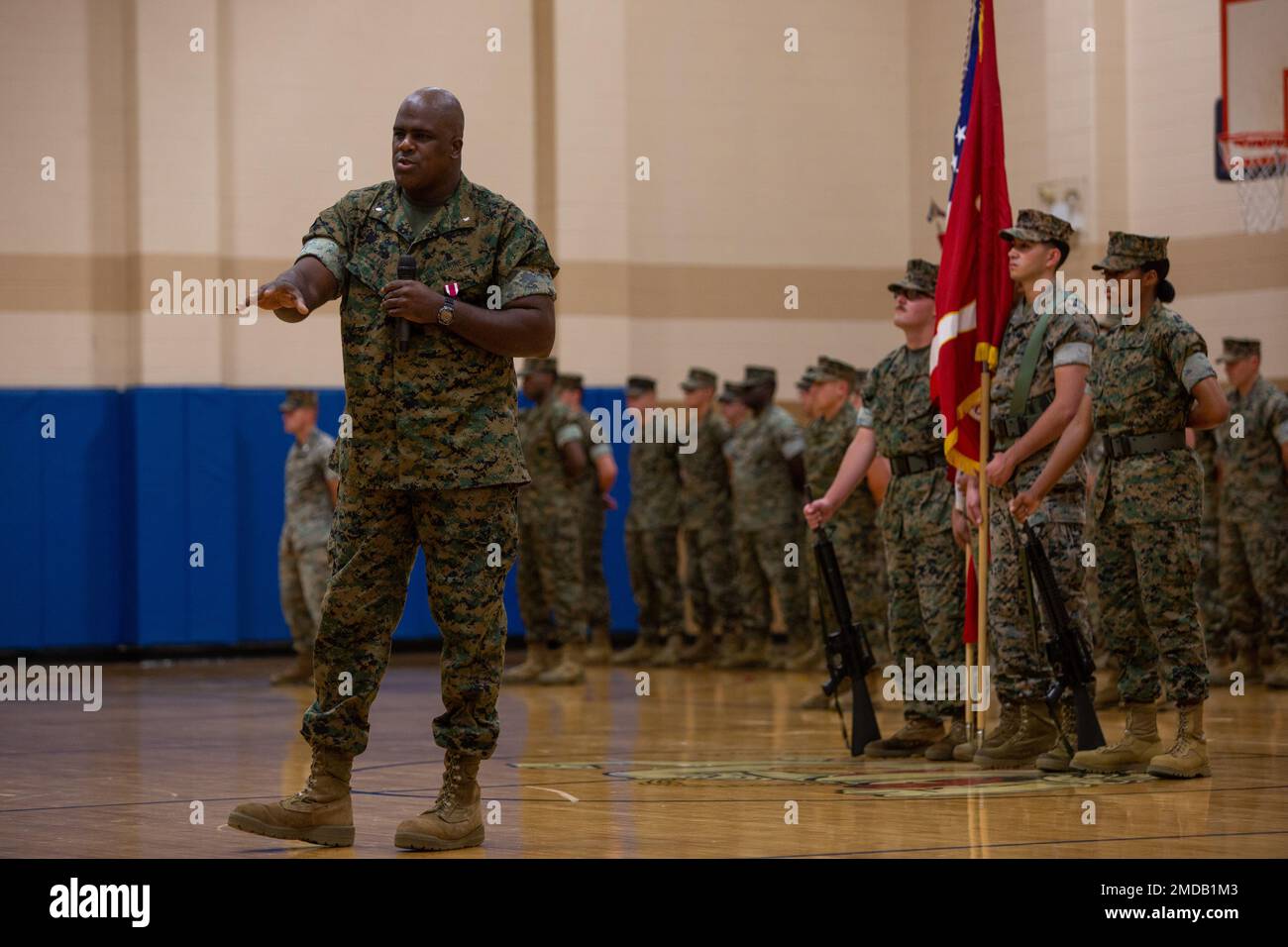 U.S. Marine Corps Lt. Col. Leron E. Lane, the outgoing commanding officer  of Headquarters and Support (H&S) Battalion, School of Infantry East  (SOI-East) addresses attendees during the H&S Battalion change of command