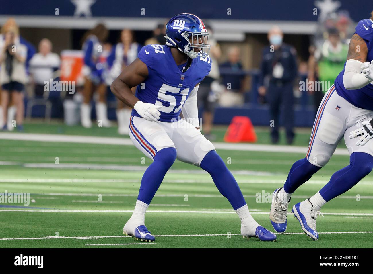 New York Giants linebacker Azeez Ojulari (51) takes the field for an NFL  football game against the Philadelphia Eagles on Sunday, Dec. 11, 2022, in  East Rutherford, N.J. (AP Photo/Adam Hunger Stock