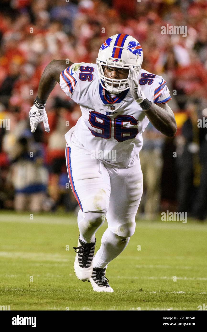 Buffalo Bills defensive end Boogie Basham (55) stands on the sideline  during an NFL preseason football game against the Carolina Panthers,  Saturday, Aug. 26, 2022, in Charlotte, N.C. (AP Photo/Brian Westerholt Stock