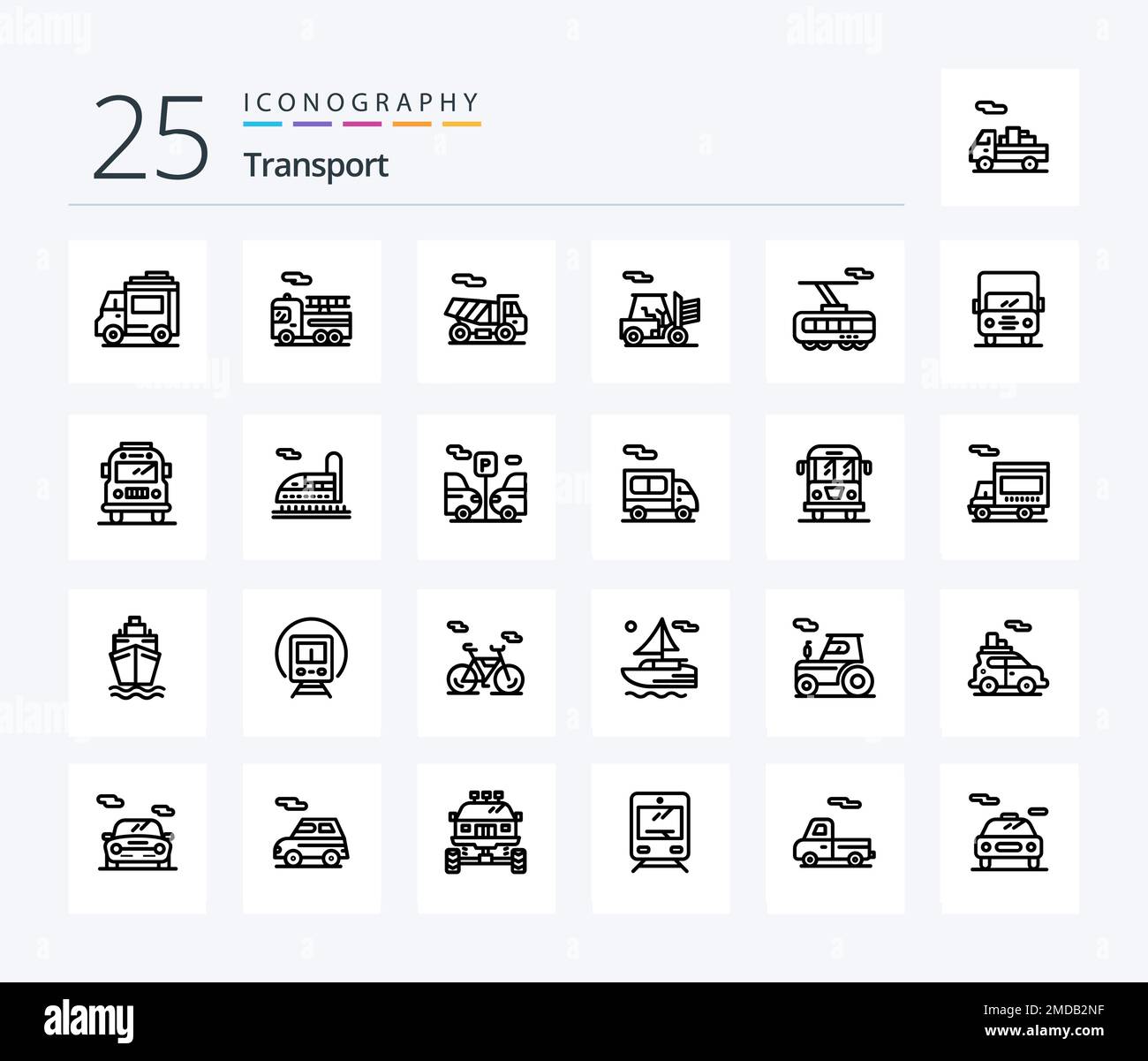 Transport 25 Line icon pack including van. transport. outline. auto. train Stock Vector