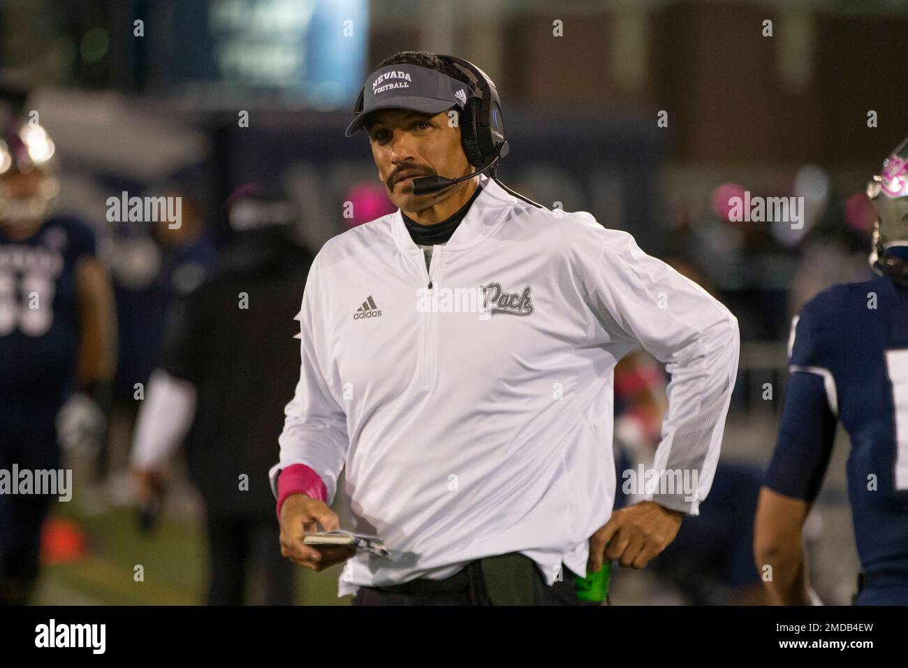 Nevada head coach Jay Norvell works the sidelines against New Mexico State  in the second half of an NCAA college football game in Reno, Nev.,  Saturday, Oct. 9, 2021. (AP Photo/Tom R.