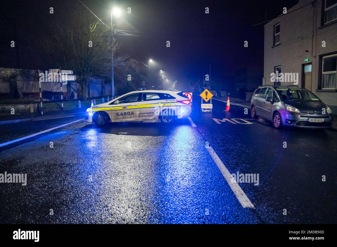 Ballinasloe, Galway, Ireland, 23rd January 2023. Garda roadblock after fatal road traffic collission involving three vehicles at Ashtree Junction in Ballinasloe. Credit: Athlone Photography/Alamy Live News Stock Photo