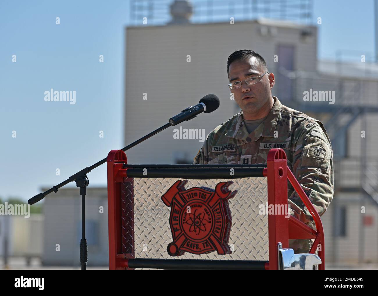 U.S. Army Capt. Astin Villarreal, outgoing Delta Company 169th Engineer Battalion commander, speaks during their change of command at Goodfellow Air Force Base, Texas, July 15, 2022. Villarreal thanked 169th EN BN leadership for their support during his time in command. Stock Photo