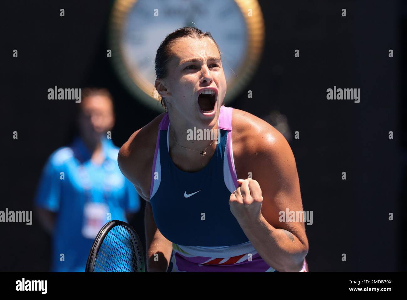 Aryna Sabalenka reacts after defeating Belinda Bencic of, Switzerland. , . at Rod Laver Arena, Melbourne, Australia on 23 January 2023. Photo by Peter Dovgan. Editorial use only, license required for commercial use. No use in betting, games or a single club/league/player publications. Credit: UK Sports Pics Ltd/Alamy Live News Stock Photo