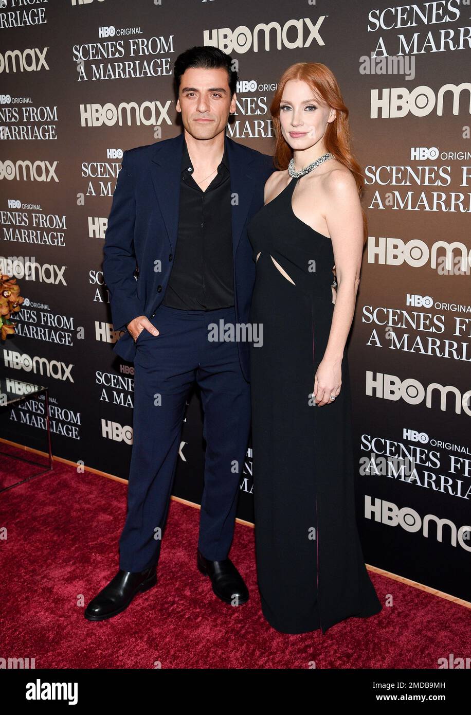 Actors Oscar Isaac, left, and Jessica Chastain pose together at a
