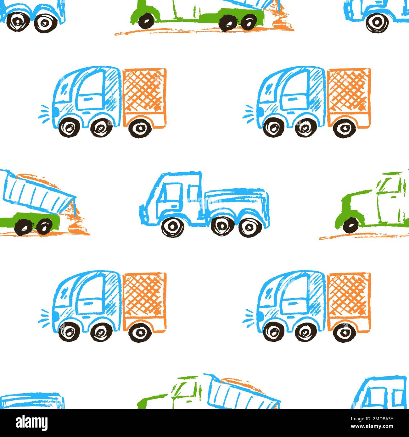 Cars seamless pattern. Truck. Children's drawings with wax crayons ...