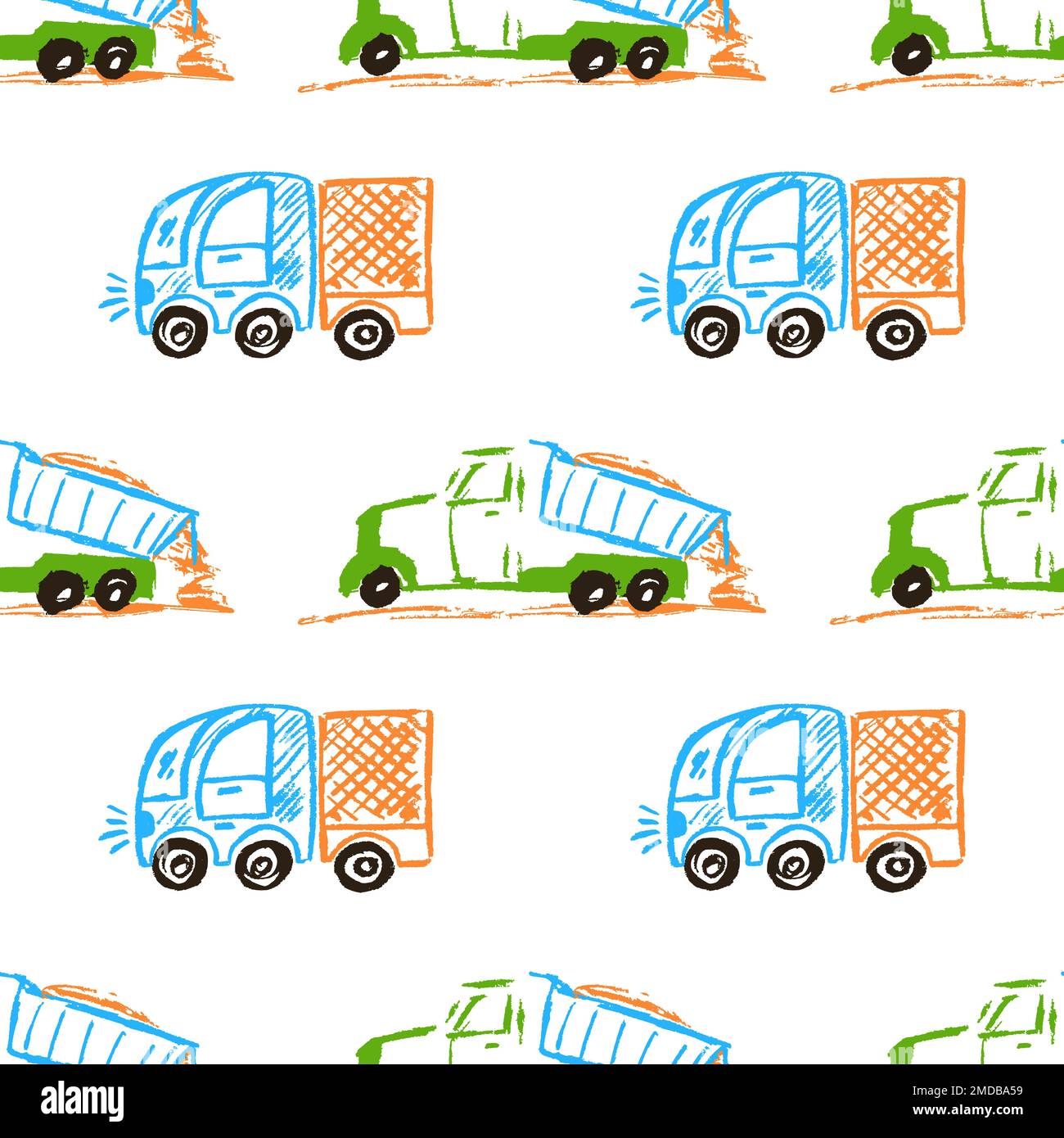 Cars seamless pattern. Dump truck. Children's drawings with wax crayons
