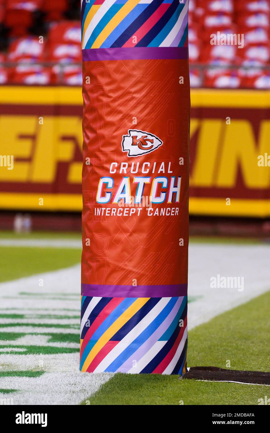 Crucial Catch signage on the goal post before an NFL football game between  the Kansas City Chiefs and the Buffalo Bills, Sunday, Oct. 10, 2021 in Kansas  City, Mo. (AP Photo/Reed Hoffmann