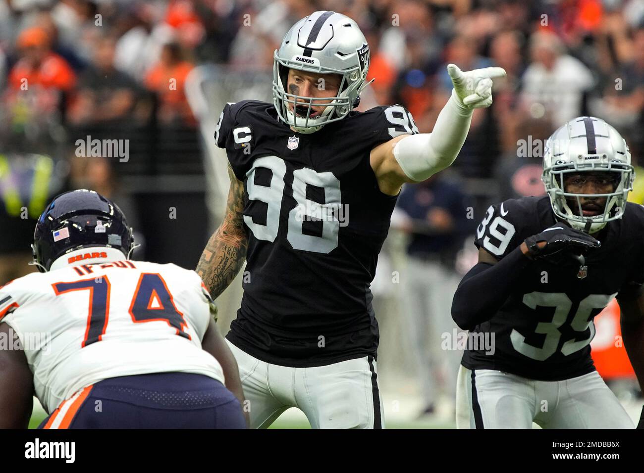 Las Vegas Raiders defensive end Maxx Crosby (98) during the first half of  an NFL football game against the Chicago Bears, Sunday, Oct. 10, 2021, in  Las Vegas. (AP Photo/Rick Scuteri Stock