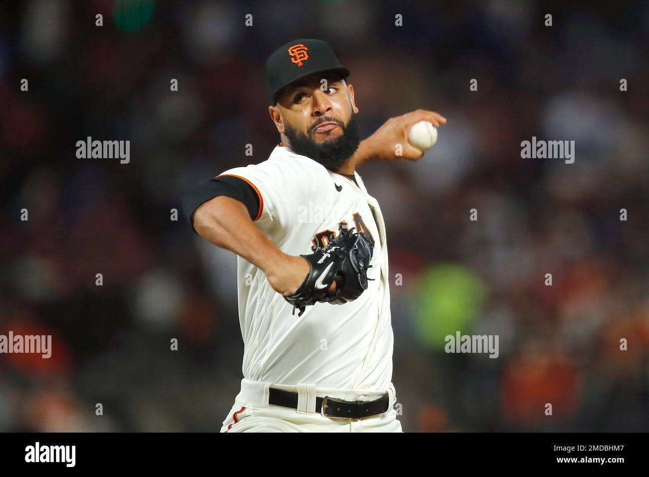 San Francisco Giants' Jarlin Garcia pitches against the Los Angeles Dodgers  during the eighth inning of Game 2 of a baseball National League Division  Series Saturday, Oct. 9, 2021, in San Francisco. (