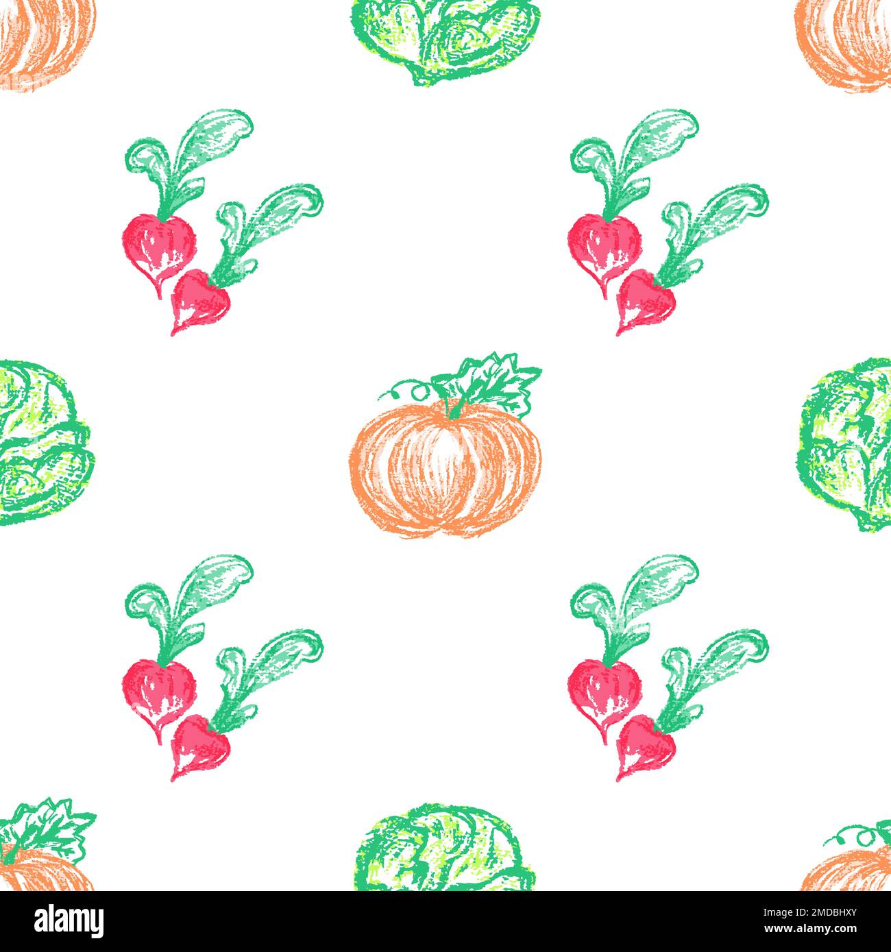 Veg Pattern Print Vegetable seamless pattern. Children's drawings with wax crayons. Print ...