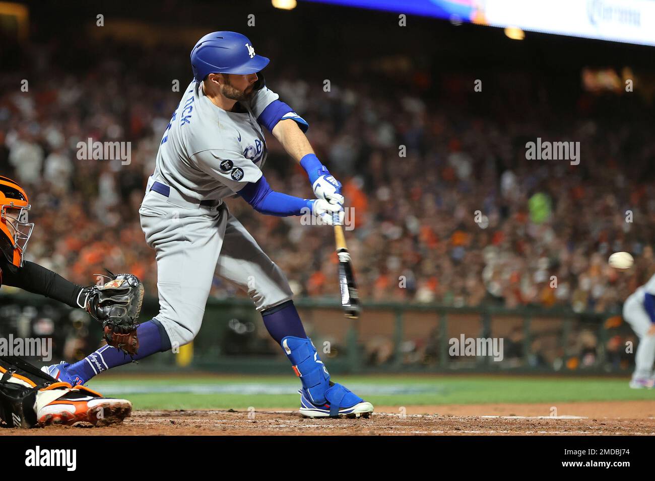 Los Angeles Dodgers' AJ Pollock hits a two-run double against the San  Francisco Giants during the sixth inning of Game 2 of a baseball National  League Division Series Saturday, Oct. 9, 2021
