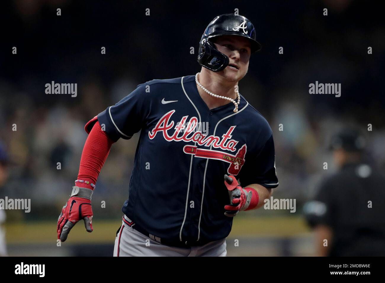 Joc Pederson of the Atlanta Braves runs to second base during a