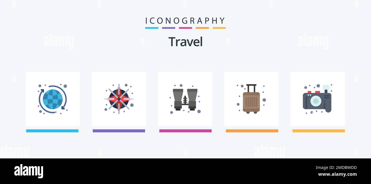 Travel Flat 5 Icon Pack Including photo. tourist. binocular. luggage