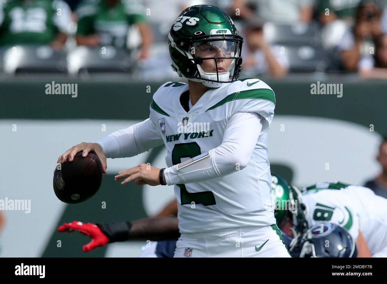 New York Jets quarterback Zach Wilson (2) in action against the Tennessee  Titans during an NFL football game on Sunday, Oct. 3, 2021, in East  Rutherford, N.J. (Brad Penner/AP Images for Panini