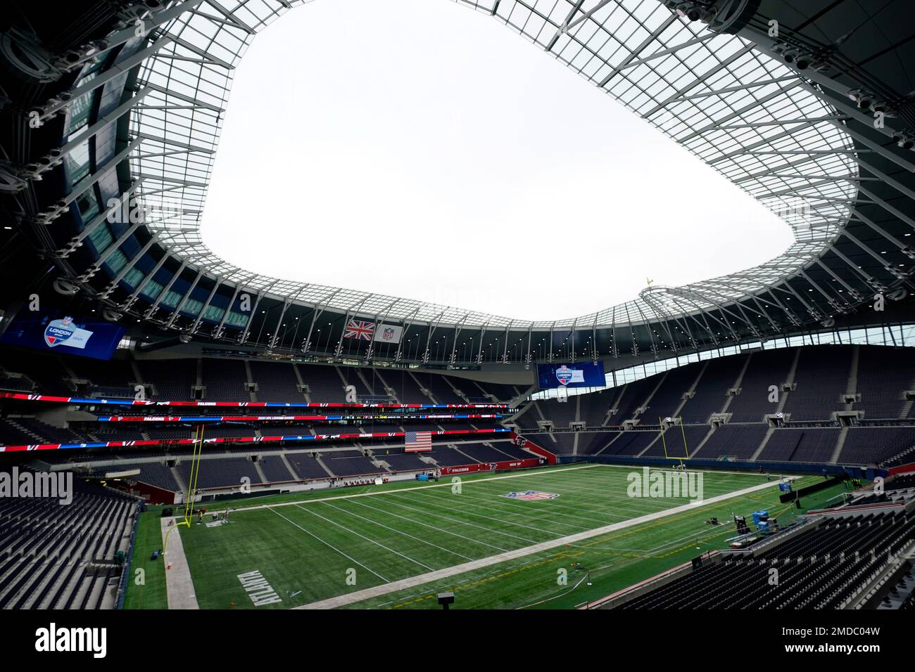 The exterior of Tottenham Hotspur Stadium with decor for the upcoming NFL  games in London, Friday, Oct. 8, 2021. The Atlanta Falcons will face the  New York Jets in an NFL regular