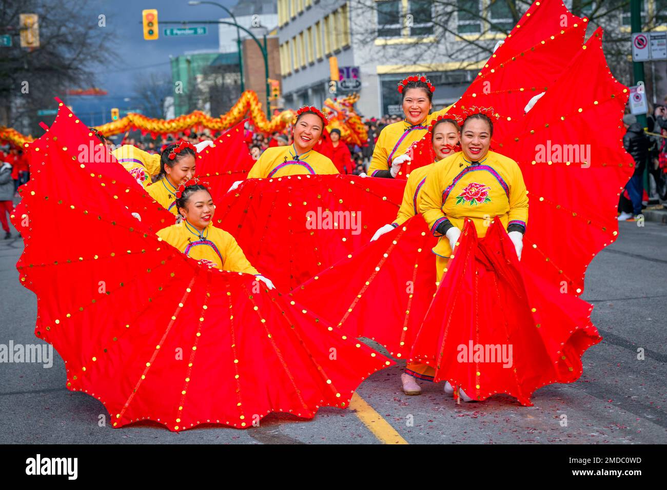 Fan Dancers, Chinese Lunar New Year Parade, Chinatown, Vancouver, British Columbia, Canada Stock Photo