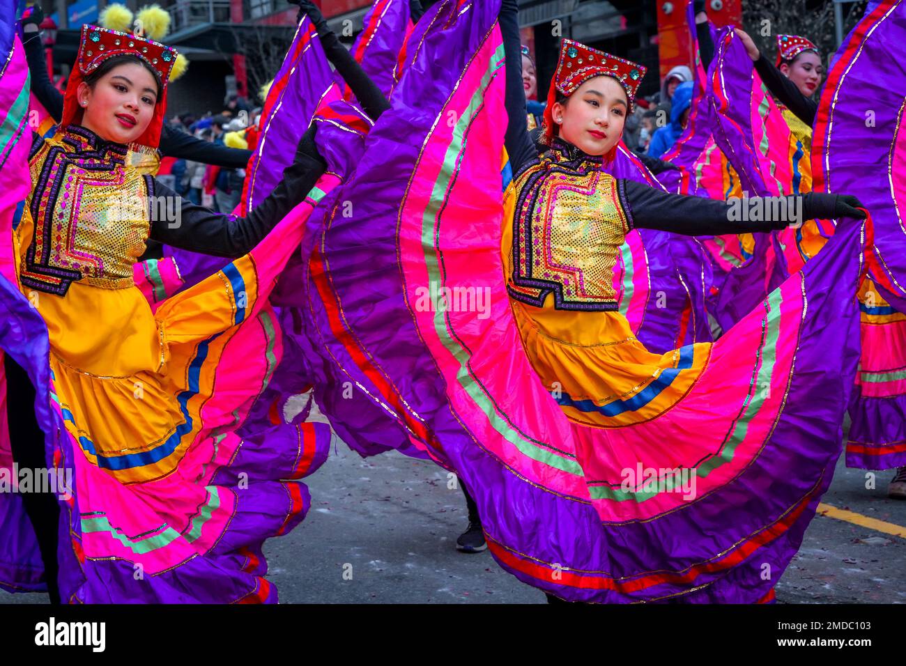 Dancers, Chinese Lunar New Year Parade, Chinatown, Vancouver, British Columbia, Canada Stock Photo