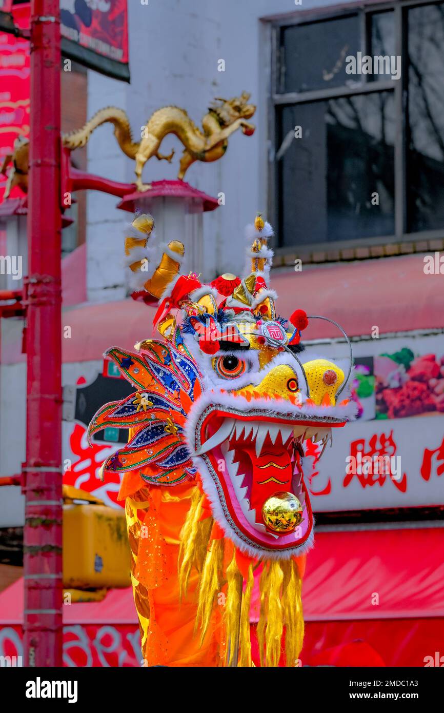Dragons, Chinese Lunar New Year Parade, Chinatown, Vancouver, British Columbia, Canada Stock Photo