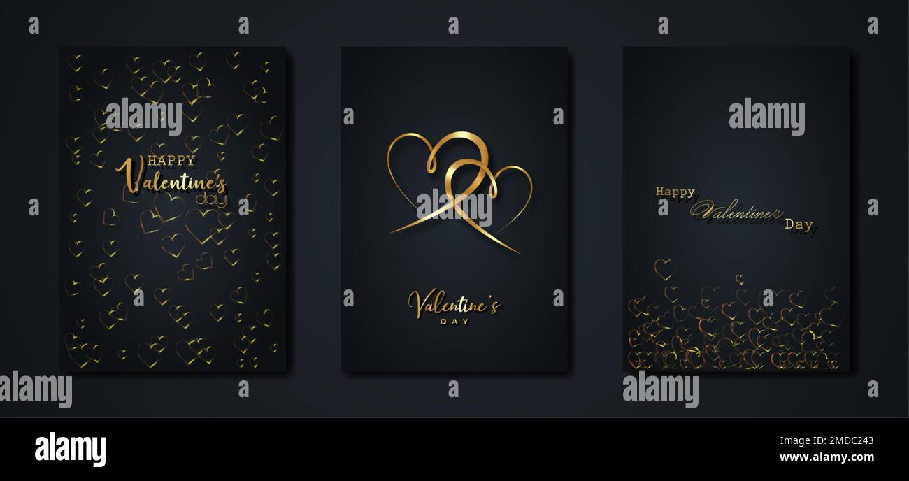 Happy Valentines day vector set greeting card. Gold hearts on black ...