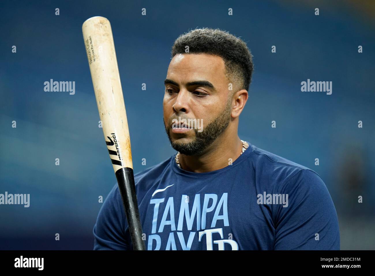 St. Petersburg, United States. 08th Oct, 2021. Tampa Bay Rays' Wander Franco  (L) and Nelson Cruz get ready to take batting practice before Game 2 of the  ALDS against the Boston Red