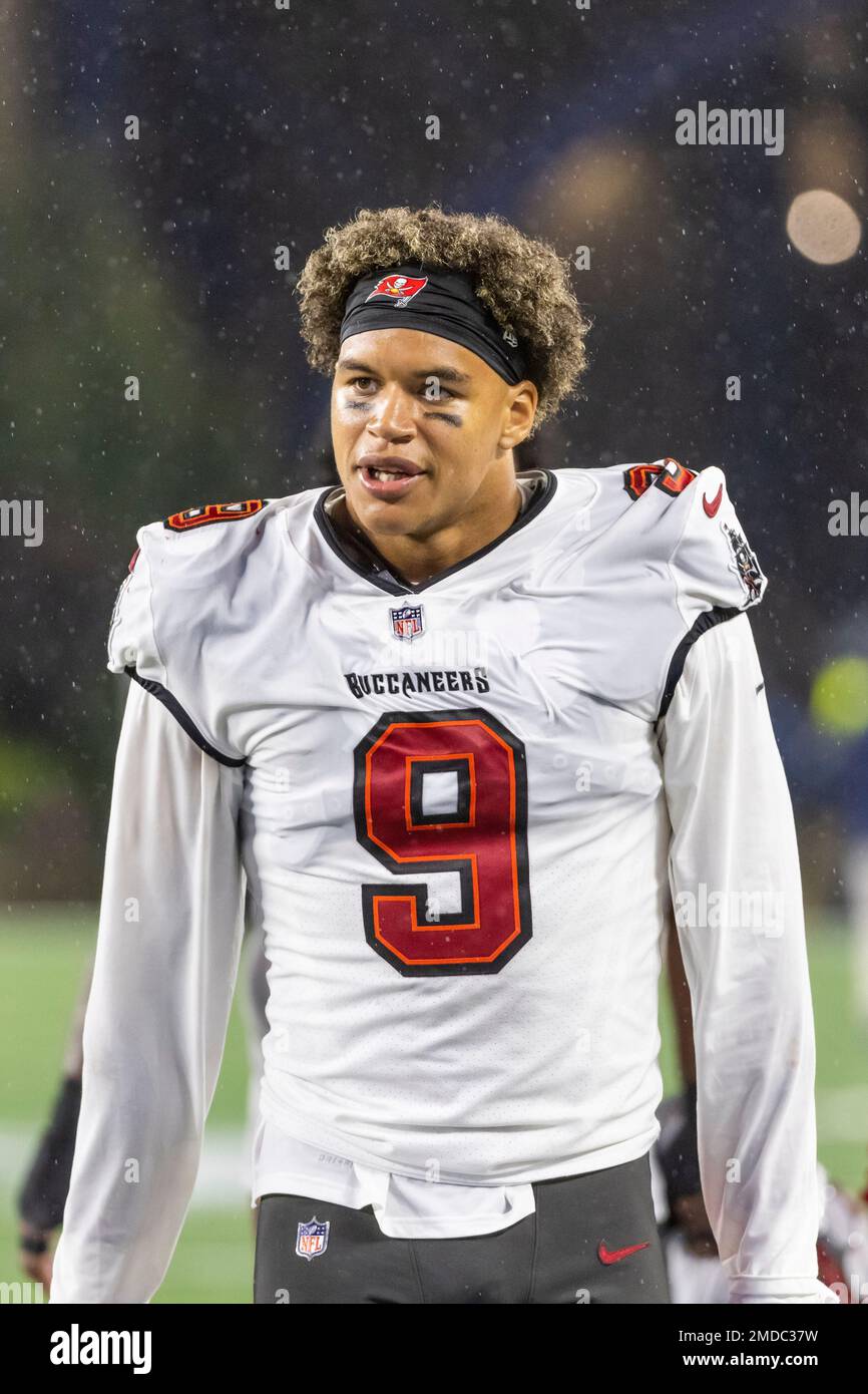 Tampa Bay Buccaneers linebacker Joe Tryon-Shoyinka (9) reacts after  defeating the New England Patriots in an NFL football game, Sunday, Oct. 3,  2021, in Foxborough, Mass. (AP Photo/Greg M. Cooper Stock Photo 