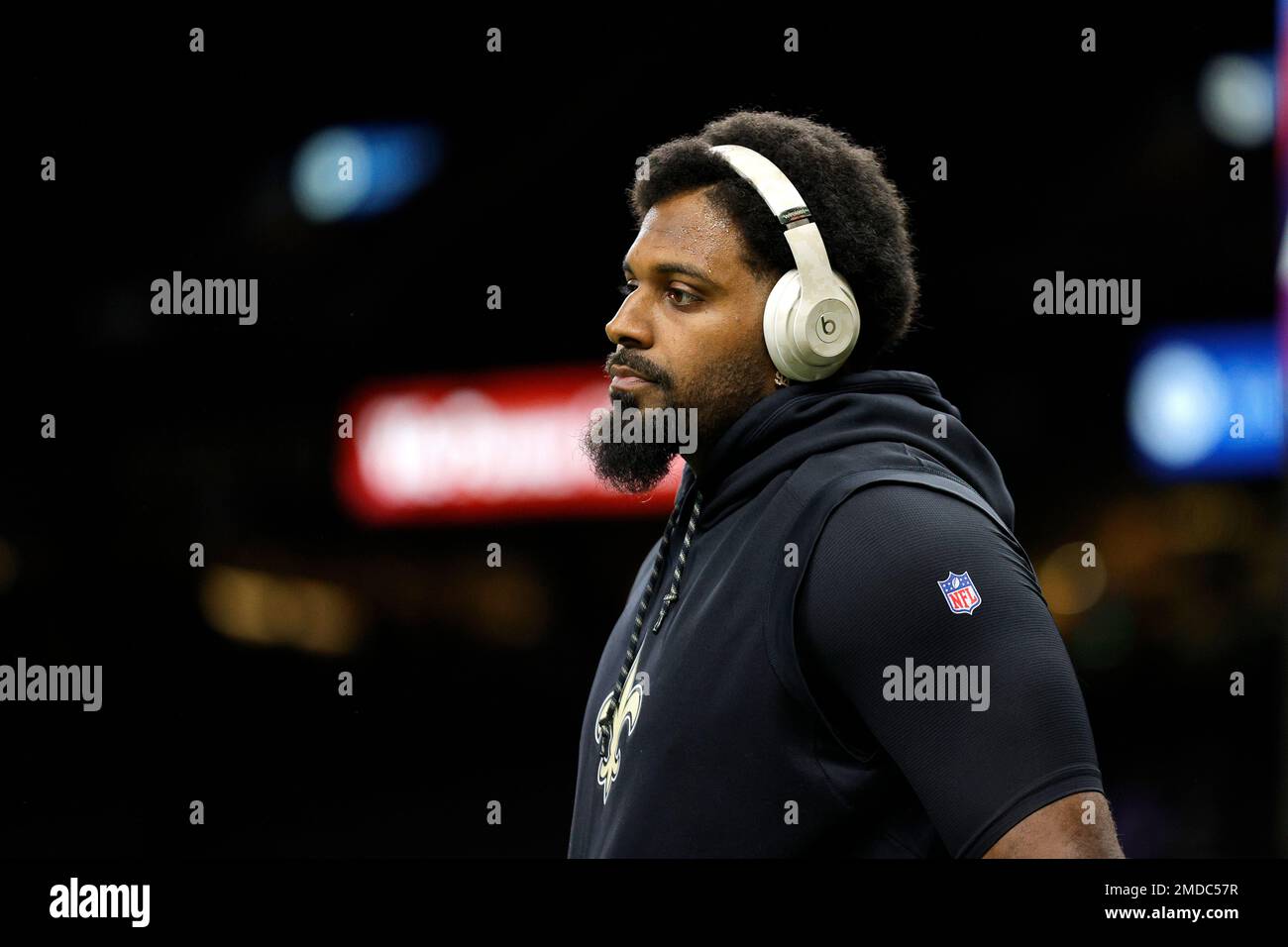 New Orleans Saints defensive end Cameron Jordan (94) celebrates after a  play during an NFL football game against the Seattle Seahawks, Sunday, Oct.  9, 2022, in New Orleans. (AP Photo/Tyler Kaufman Stock