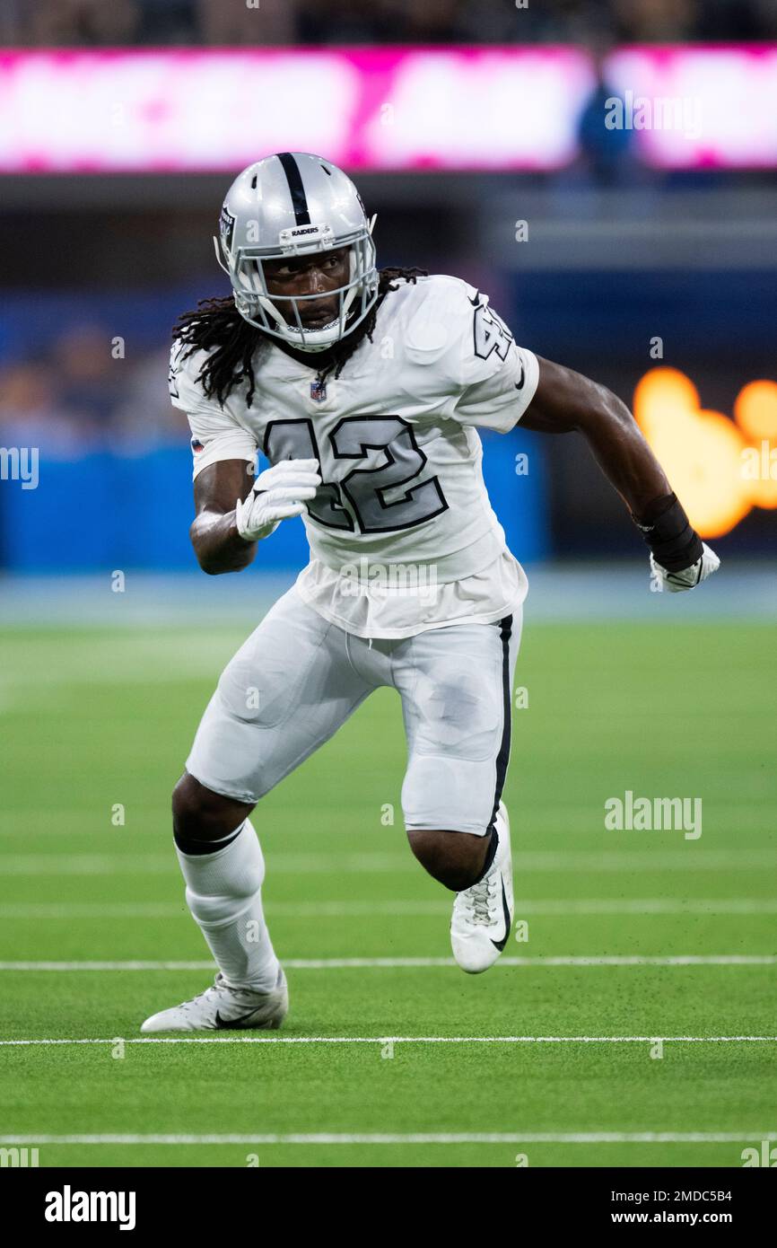 Las Vegas Raiders inside linebacker Cory Littleton (42) gives the  incomplete signal during an NFL football game against the Los Angeles  Chargers, Sunday, November 8, 2020, in Inglewood, Calif. (AP Photo/Peter  Joneleit