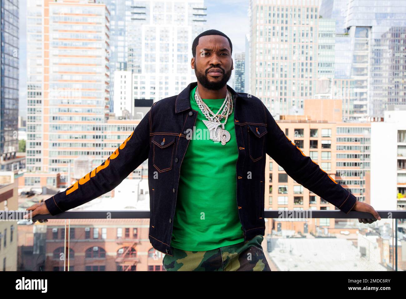 Meek Mill poses for a portrait at the Roc Nation offices in New York on  Sept. 22, 2021, to promote his upcoming album Expensive Pain. The  Philadelphia rapper is planning a concert