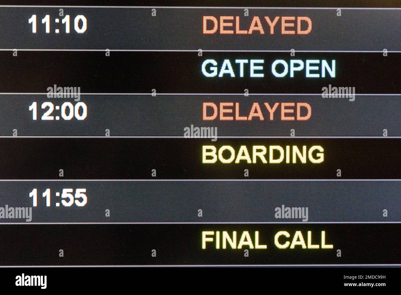Close-up on airport flight information digital board with focus on word Delayed, Gate Open, Boarding and Final Call Stock Photo