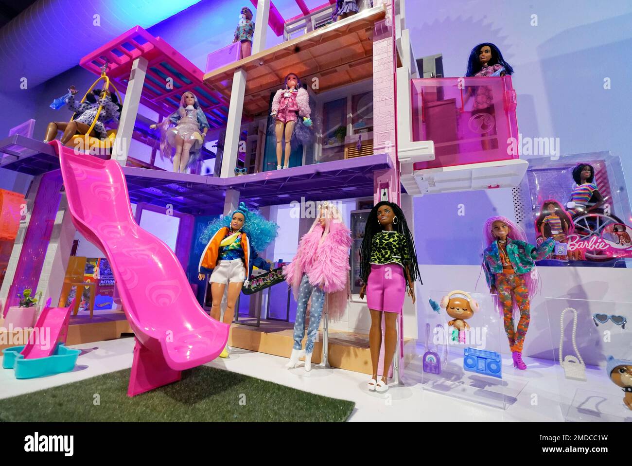 A Barbie Dream House is displayed at the TTPM Holiday Showcase in New York Thursday Sept. 23 2021. With three months until Christmas toy companies are racing to get their toys onto