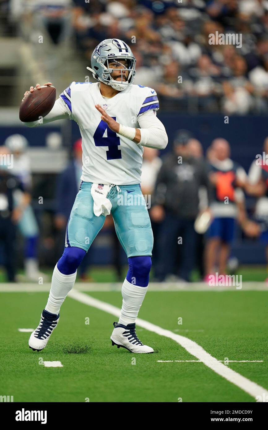 Dallas Cowboys quarterback Dak Prescott (4) looks to pass during a  Thanksgiving day NFL football game against the Las Vegas Raiders, Thursday,  Nov. 25, 2021, in Arlington, Texas. (AP Photo/Matt Patterson Stock